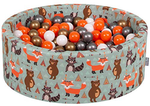 KiddyMoon Rund Bällebad Bällepool 90X30cm/200 Bälle ∅ 7Cm Ballgruben Mit Bunten Bällen Für Babys Spielbad Kleinkinder, Hergestellt In Der EU, Füchse-Grün:Orange/Silbern/Golden/Weiß