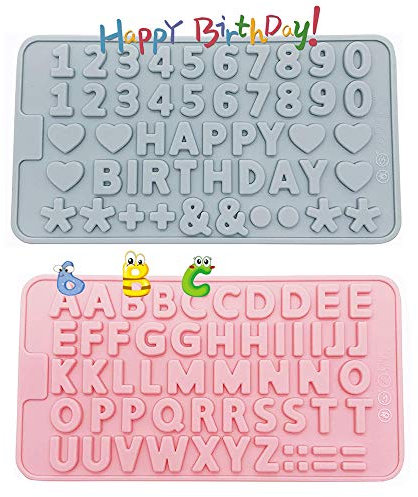 2 pcs Alphabet Silicone Mould Set, Happy Birthday Symbols Heart Shapes Chocolate Moulds, Silicon Chocolate Letters Numbers Mold for DIY Baking Cake Decoration Candy Fondant Biscuit Gummy Dessert