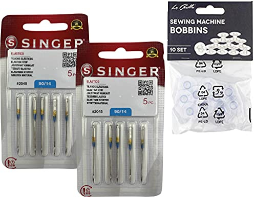 ot de 10 aiguilles pour machines à coudre Singer 2045 épaisseur 90/14 pour tissus jersey, élastiques et de point130/705 H-S universelles + 10 canettes transparentes