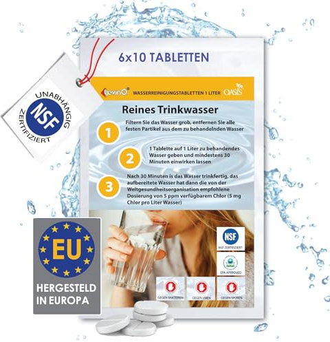 LevinQ Trinkwasseraufbereitung [60Stk] *NSFgeprüft* 100% keimfreies Trinkwasser 1 Ltr/Tablette +Handschuhe PE | Wasserentkeimungstabletten fur Krisenvorsorge Outdoor, Notfall, Camping, Reiseapotheke