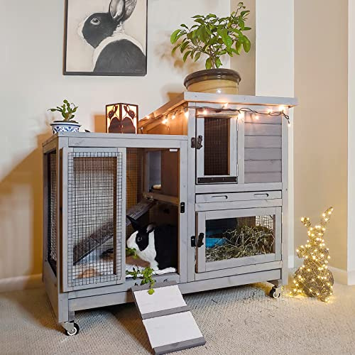 Aivituvin Rabbit Hutch Wooden Bunny Hutch Indoor- Outdoor Rabbit Cage Guinea Pig Cage for Small Animals with Exclusive Two Trays & Bottom Wire Mesh (Grey, Large)