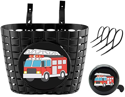 YeloYolker Panier de vélo pour garçons avec Cloche, Panier de Guidon Avant de vélo Mignon pour Enfants, Tout-Petits, Panier de Scooter en Plastique(Camion de Pompier(Camion de Pompier)