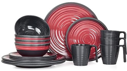 Melamin Camping Geschirr Set 4 Personen Stone Red + 4 Tassen Stone Kaffetassen Becher Tafelgeschirr Picknick BBQ Kochgeschirr