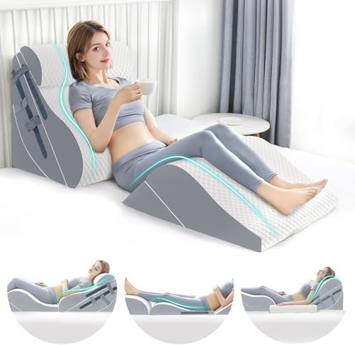 Juego de 6 almohadas ortopédicas de cuña con almohada de espuma viscoelástica completa, almohadas de cuña para dormir/aliviar el dolor de espalda, almohadas ajustables de elevación de piernas para