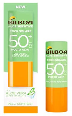 Bilboa Solar Stick LSF 50+ mit Aloe Vera - Ideal für empfindliche Stellen wie Lippen, Tattoos, Narben und Narben - Die schnell einziehende Formel fettet nicht und hinterlässt keine Spuren - 12 ml