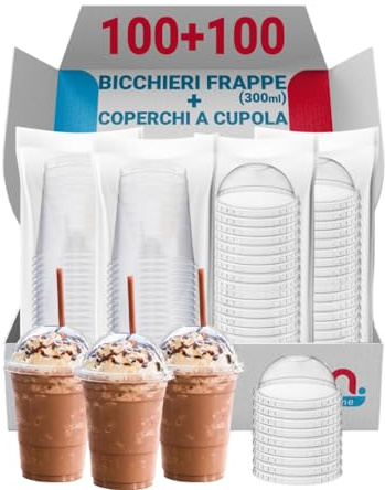 G.M. DISTRIBUZIONE 100 Bicchieri Frappè in PS da 300ml + 100 Coperchi A Cupola in PS, Bicchieri e Coperchi Riutilizzabili Trasparenti, Bicchiere Riutilizzabile Alta Qualità per Bar e Gelaterie