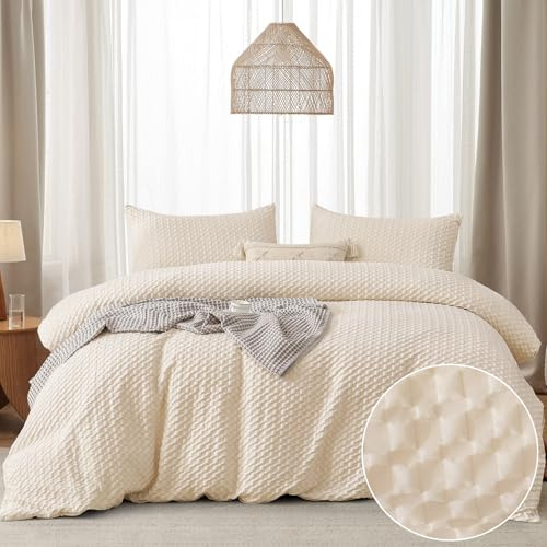 Waffle Seersucker Bedding set with 2 Pillowcases King Size Biege Checkered Duvet Cover Set for Teens Adults Breathable Microfibre Puckering Duvet Cover 220×230 cm