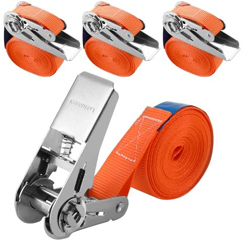 4 Pièces Sangle A Cliquet，800kg Sangle Arrimage,25 mm x 4 m Sangles à Cliquer,sans Crochet,Selon DIN en 12195-2,pour Les Gros camions,Chariots,Motos et Bagages(Orange) (4M-Orange)