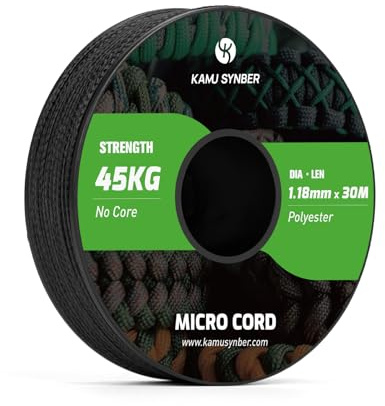 Kamu Synber Micro Cord 1.18mm Paracord Schnur Seil 30m Spule für Armband, Hundehalsband, Handwerk, DIY | Tragkraft 45kg | Schwarz
