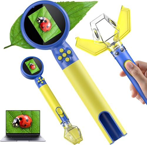 Microscope with Bug Catcher Kit, 1080P 2 in 1 Digital Mini Handheld Microscope STEM Science Toy with LED Light, Rechargeable, Portable, Supports 64GB Card, Learning Gift for Ages 14-Blue
