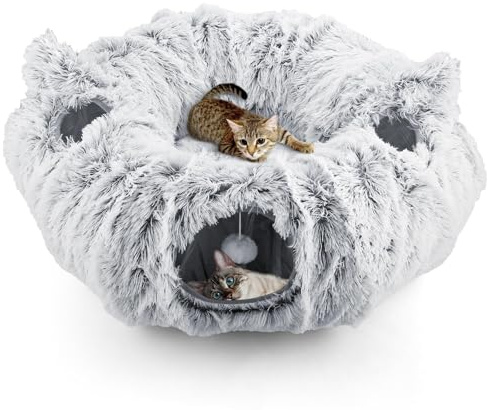 Maxetodo Foldable Cat Tunnel with Plush Mat, Grey Cat Play Tunnel with Cozy Bed, Washable & Collapsible Indoor Pet Toy for Kittens, Rabbits & Small Dogs cat tunnel tree skirt christmas