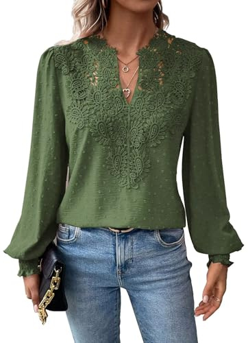 TUUHAW Abito Donna Primavera Taglie Forti Boho Top Manica Lunga Casual Camicetta Volant Elegante T-Shirt Scollo a V vestibilità Ampia Vintage Bluse Base Maglie Moda Pizzo Ricamato Blusa Verde XXL