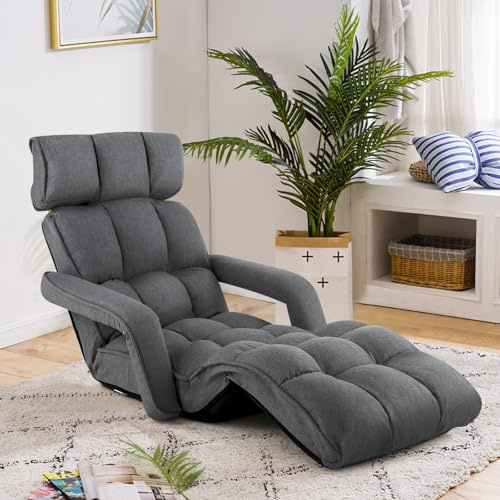 GOPLUS Bodenliege, Relaxliege mit 6-Fach verstellbare Rückenlehne, Bodensessel mit Armlehnen, Relaxsessel klappbar, Bodenstuhl Bodensofa Lesesessel für Wohnzimmer & Arbeitszimmer (Dunkel Grau)