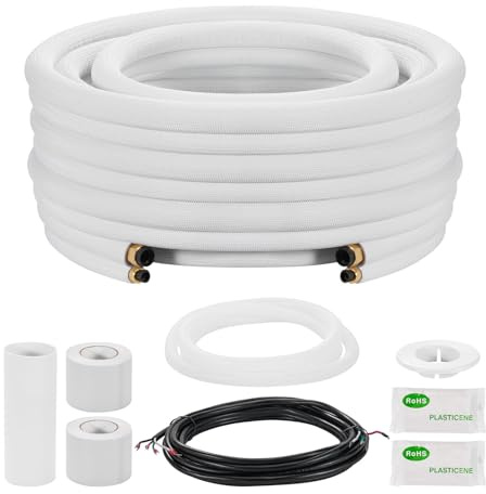 VEVOR Kit Liaison Frigorifique Tuyau en Cuivre Mini-split 6,4 mm 12,7 mm Diamètre Extérieur, 15,2 m Longueur, Bobine Isolée en PE Blanc Épais 9,5 mm avec Écrous, Raccords, pour Mini Climatiseurs Split