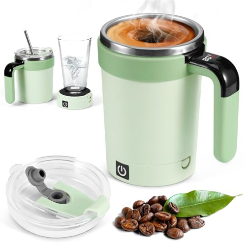 Bryzal Self Stirring Mug with Lid, 380Ml Self-Stirring Magnetic Coffee Cup with LCD Temperature Display, Rechargeable Automatic Mixing Cup for Coffee Protein Shakes Matcha (Green)