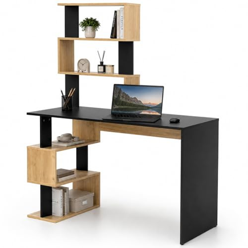 BAKAJI Scrivania con Doppia Libreria 7 Ripiani Tavolo da Lavoro Porta Pc Computer Struttura e Piano in Legno MDF Arredamento Casa Ufficio Cameretta Design Moderno 120 x 60 x 148 cm (Nero e Quercia)