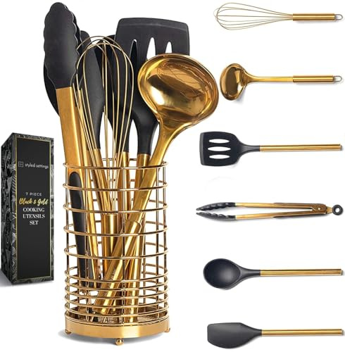 Ensemble d’ustensiles de cuisine noir et or – 7 pièces en silicone avec porte-ustensiles doré – Outils pour cuisine moderne et batteries antiadhésives