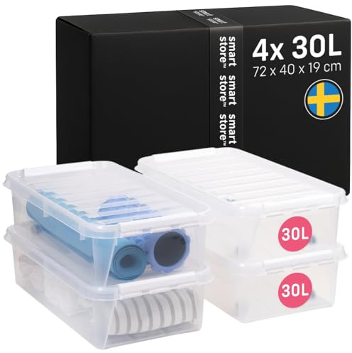 SmartStore cajas de almacenamiento de plástico para Debajo de la Cama de 30L con Ruedas - Juego de 4 - Apilables y encajables - Garantía de 10 Años- Cierre con ClipsL72 x An40 x Al19cm