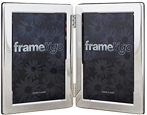 Frametigo - Silver Plated Flat Edge Double Photo Frame, 6 x 8 (15x20cm) Photo Size - Portrait Orientation - Real Glass Window - Traditional Silver Picture Frames - Tarnish Resistant