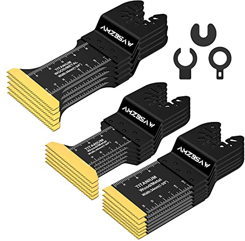 AMZBSAW 16 PCS Titanium Oscillating Saw Blades Metal Cutting, Multitool Blades for Soft Metal Nails Hard Material and Wood Plastic, Multi Tool Blades Kits Fit Dewalt Ryobi Bosch Milwaukee