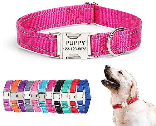 Personalized Custom Reflective Dog Collar, Free Engraved Nameplate Name Id Tag, Soft Nylon Full Metal Buckle Pet Cat Collars Adjustable for Xs Small Medium Large Big Dogs Puppy Kitten