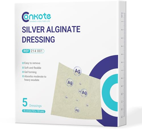 Conkote Silver Alginate Wound Dressing Pads 4” x 4”, 5 Pack, Non-Stick Padding Ag Patches, Highly Absorbent for Pressure Ulcer, Bed Sore and Diabetic Foot Ulcer
