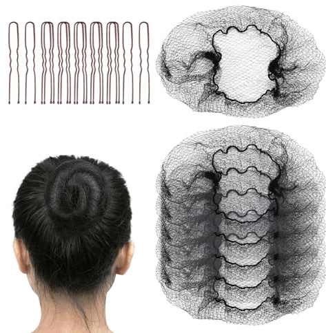 FVOLREM Hair Net Set: 20 Pieces 20-Inch Black Nets, 40 Pieces 2.4-Inch Brown U Pins - For Food Service, Bun Making, Ballet, and Versatile Hairstyling