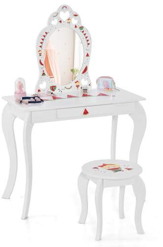 COSTWAY 2 en 1 Coiffeuse Enfant Fille avec Tabouret & Miroir Princesse Amovible, Table de Maquillage Enfant avec Tiroir & Motif de Pastèque, Dispositif Anti-basculement, Charge 30/50kg pour 3 Ans+