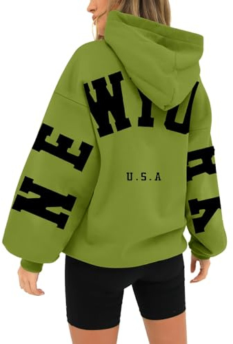 HUIFUAO London huvtröjor för kvinnor UK överdimensionerade tröjor för kvinnor bokstavstryck pullover huvtröja kvinnor med ficka och dragsko, Z01 mintgrön, 3XL