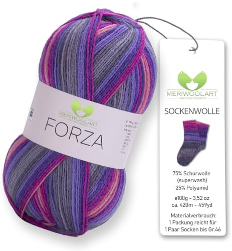 MeriWoolArt® Sockenwolle 4-fädig – 100g Merino Wolle Garn zum Stricken & Häkeln, 75% Schurwolle (superwash), 25% Polyamid, 420m – Ideal für Socken für Herren und Damen, Pullover & Cardigans 2501