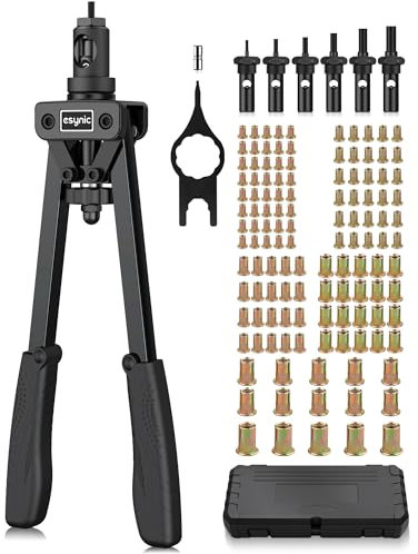 eSynic 14 Pince à Rivet Insert avec 6pcs Mandrins Métriques M3 M4 M5 M6 M8 M10 125pcs Écrous Pince à Insert Fileté avec Étui de Transport Kit de Pince à Écrou Fileté Économie de Main-d'œuvre - Noir