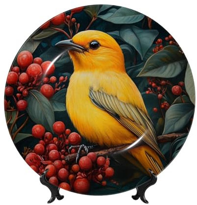 Piatti decorativi con uccelli in alberi da frutto, piatti in porcellana Bone China con espositore e gancio, da appendere alla parete e decorazione da tavolo