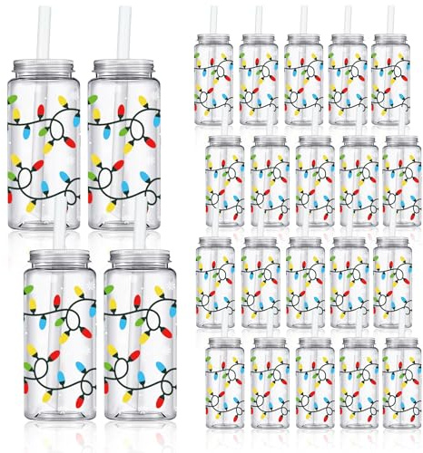 Whaline 20Pcs Christmas Plastic Cups with Lids and Straws Light Bulb Clear Party Drinking Cups Xmas Winter Reusable Tumblers for Holiday Party Supplies