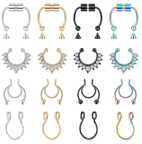 HTTDSLF 16 Pezzi Ferro di Cavallo Circolare Anelli, Septum Piercing Naso, Anello al Naso Nostril Piercing al Diaframma Gioielli, per Il Setto di Compleanno, Natale, Regalo
