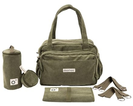 doomoo Sac à langer Bebe Fluffy - Grande Contenance de 24L - Rangements Modulables - Pochette Amovible - 8 Accessoires Bébé Inclus Dont Matelas à Langer, Housse Isotherme et Attaches Poussettes, Kaki