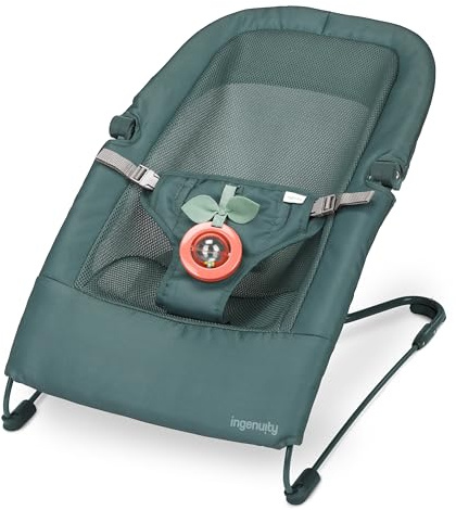 Ingenuity Stow & Go Compact Folding Baby Bouncer, Lightweight Portable Seat with Vibration & Toy, Green, Under 5 lbs