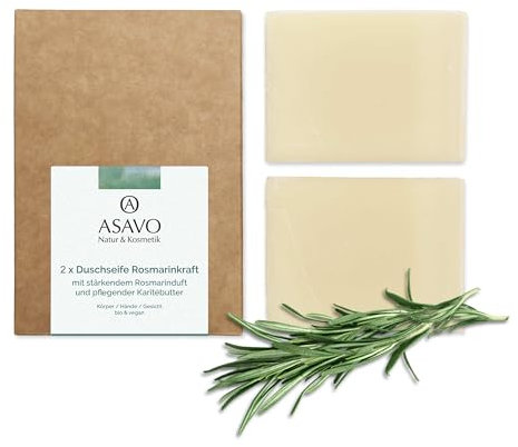 ASAVO Premium Naturseife Rosmarin, handgemachte BIO Seife, mit feiner Bio-Karitébutter & 100% ätherischen Ölen, vegan, 2x95g