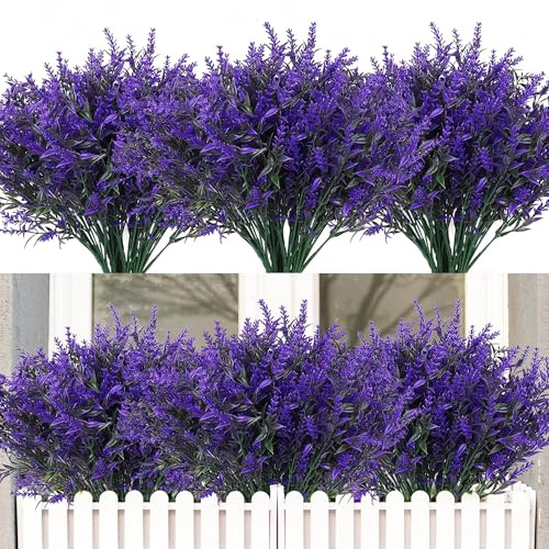 LJHOME 6 Pcs Artificial Lavender Bouquets, UV Resistant Faux Plants, Plastic Greenery Shrubs for Indoor, Outdoor, Garden, Home Decor (Purple)