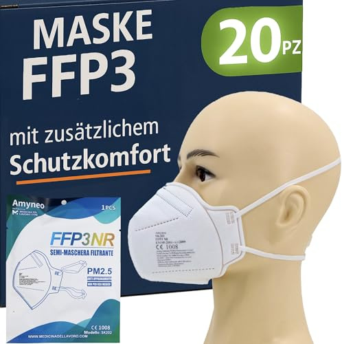 20 Mascarillas Homologadas de Certificación CE, Mascarilla FFP3 sin Válvula de 5 Capas, Máscara Contra de Polvo y Partículas, Mascarilla de Protección Personal con Filtros de Calidad BFE≥99, 20 Piezas