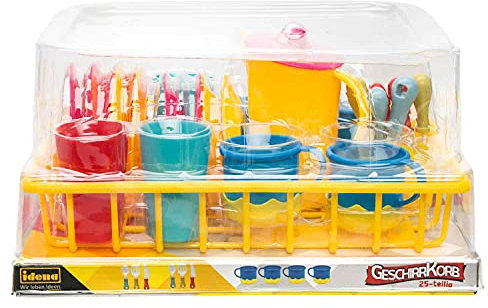 Idena 40185 – Jouet ménager Panier à Vaisselle 25 pièces Accessoires de Cuisine de Jeu avec Assiettes, Tasses, Verres, Couverts et théière pour Enfants pour Jouer et Apprendre des compétences