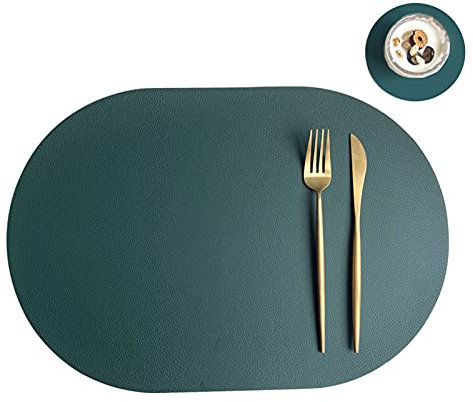 Oval Tischsets Abwischbar, Leder Kunstleder Platzset Zweifarbig Wasserdicht Platzdecken mit Untersetzer ür Hause Küche Restaurant (Grün/Beige,4 Stück)