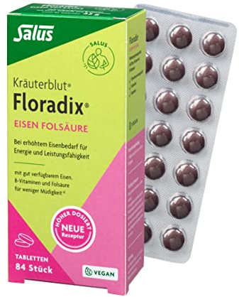 Salus Kräuterblut - Floradix Folsäure Tabletten - 1x 84 Tabletten (42 g) - Nahrungsergänzungsmittel mit gut verfügbarem Eisen(II)-gluconat, B-Vitaminen und Folsäure - vegan