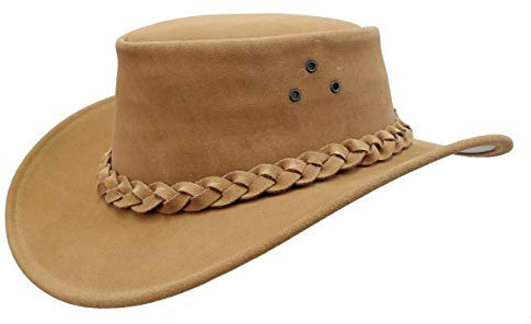 Australien Style Cowboyhut aus Leder mit geflochtenem Hutband geschwungener Krempe, Unisex für Damen, Herren und Kinder-Wetterfest