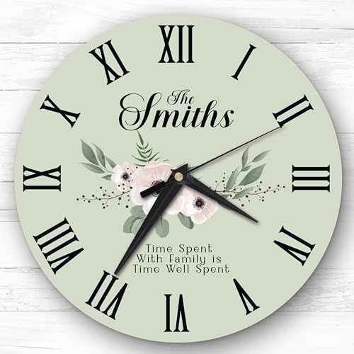 Fingerprint Designs Family Floral Sage Green Background Personalised Gift Personalised Clock
