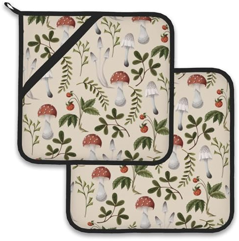 Vintage Mushroom Strawberry Pot Holder Set of 2,Heat Resistant Potholders Oven Hot Pads for Kitchen Cooking Baking BBQ