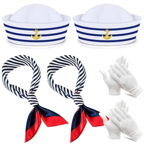 Lot de 2 chapeaux de marin pour enfants, ensemble de costumes de capitaine, chapeau réglable, ensemble d'écharpes avec deux paires de gants blancs pour fêtes de cosplay