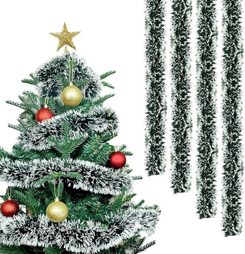CaiTang 4PCS Guirnalda de espumillón Navidad, 2M Guirnalda de Navidad para Arbol, Espumillón Árbol Navidad, Guirnalda Arbol Oropel Navidad para Chimenea, Escalera, decoración navideña (Verde/Blanco)