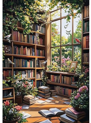 NEWENMO 5D Biblioteca Diamond Painting Kit Completo,Fiori Pittura Diamante Kit per Adulti Principianti,DIY Libri Scaffale Diamond Art Kits,Adatto per Decorazione Camera da Letto e Ufficio,30x40cm
