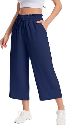 WUWUSKY Pantalon 3/4 pour Femme Chic et Élégant Taille Haute Pantalon d'été Jambes Larges avec Poche pour Yoga et Course, Bleu foncé, XL