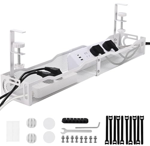 Under Desk Cable Management Tray, Clamp-On Metal Wire Organizer, No-Drill Cable Holder for Home Office Desk, White